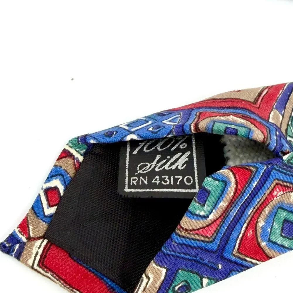 Vintage 90s Geoffrey Beene Blue Green Red 100% Silk Geometric Necktie